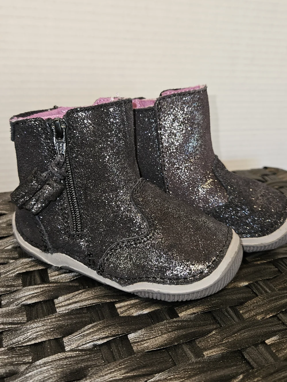 Stride Rite Black Glitter Toddler Side-Zip Boots with Pink Lining